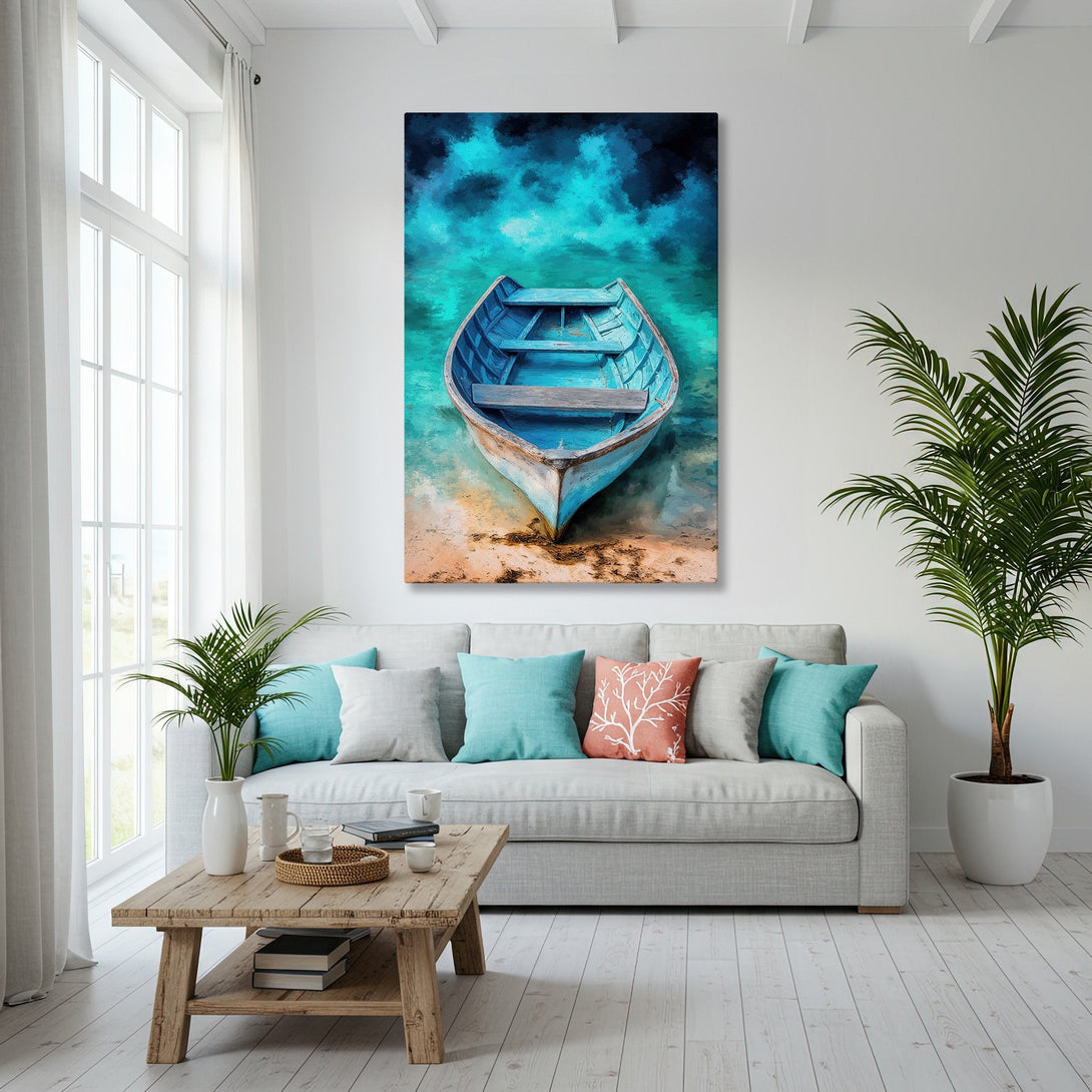 Framed Wall Art featuring a serene boat scene in teal and blue. Coastal style canvas print adds a tranquil touch to any space.
