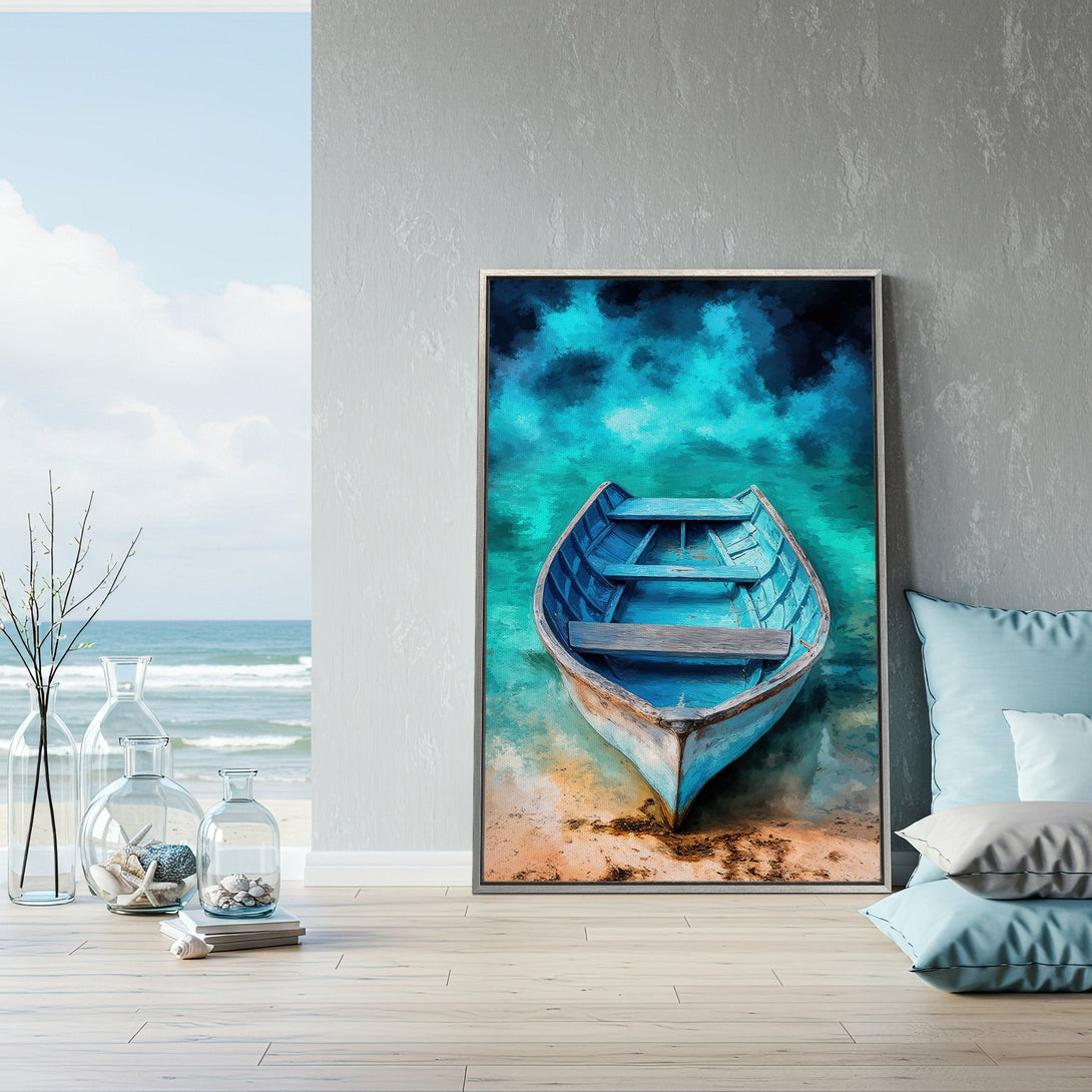 Framed Wall Art: Coastal boat scene in blue and turquoise. Perfect for a serene beach house aesthetic. Add a touch of tranquility to your space!