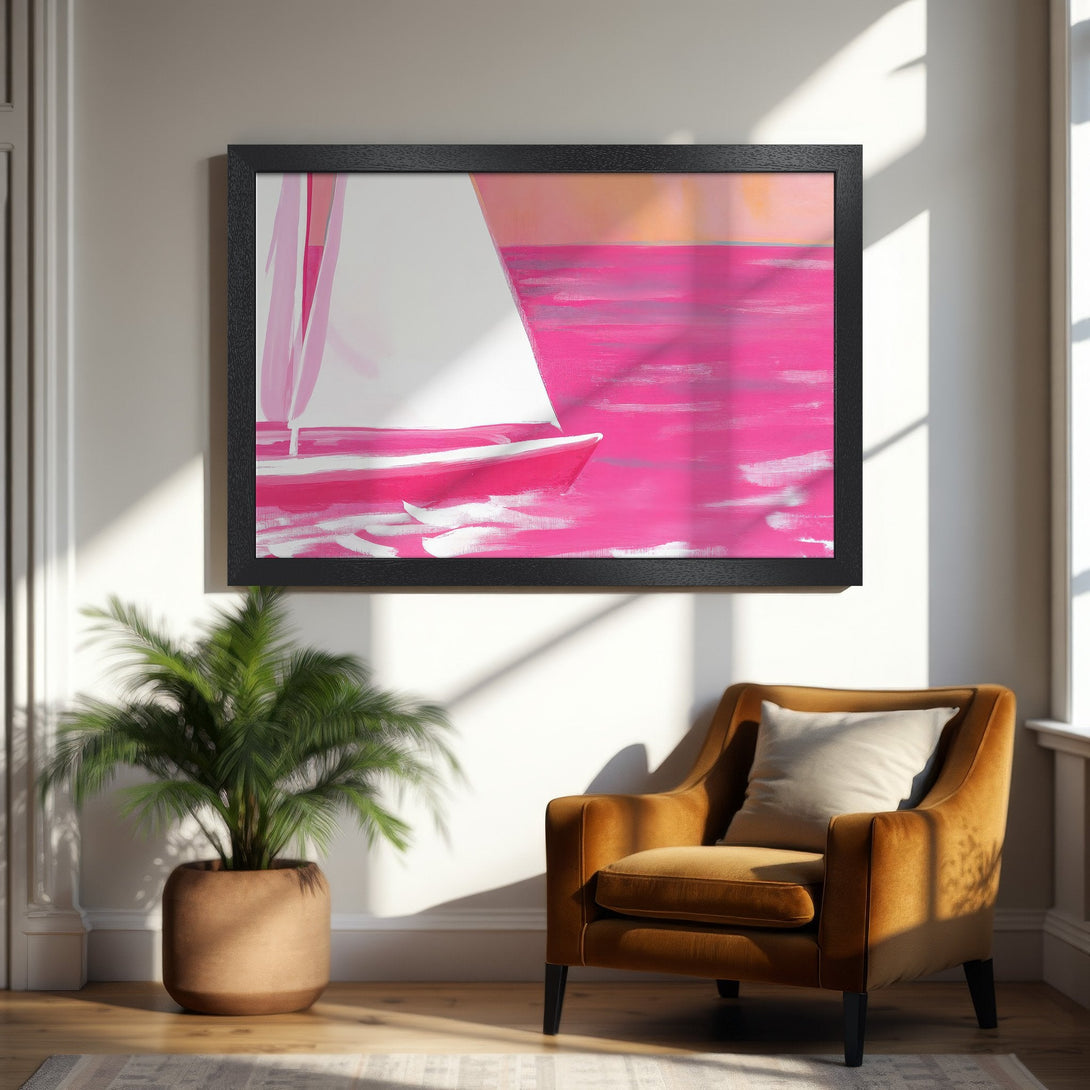 Framed Poster featuring an abstract sailboat in pink, white, and orange hues. Modern art style for home decor.