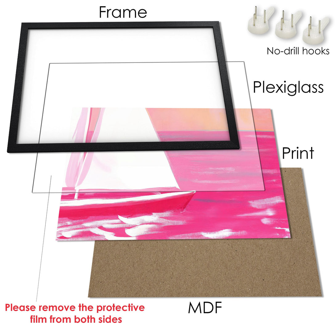 Framed Poster featuring a sailboat in a vibrant pink and white abstract style. Modern art print with a bright color palette.