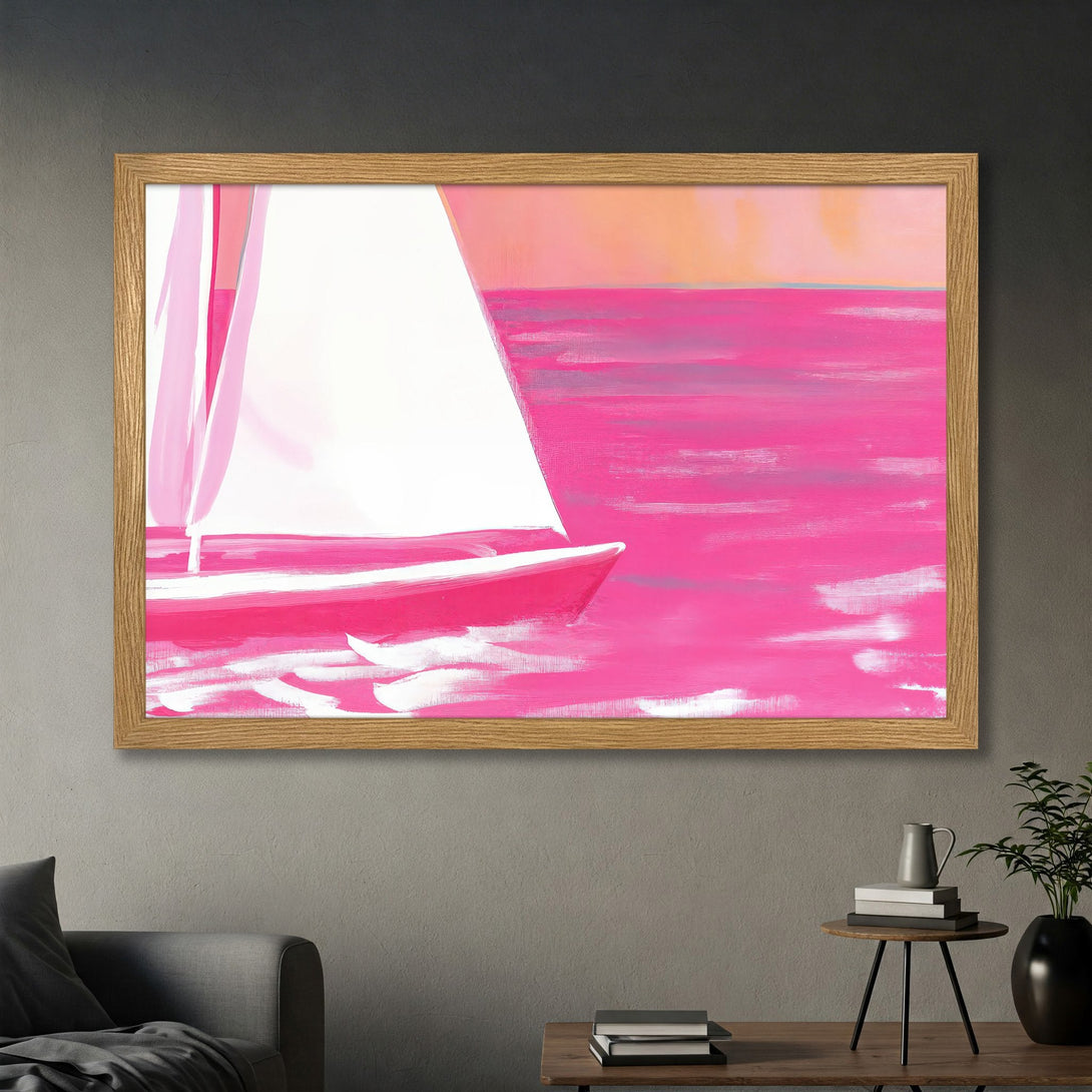 Framed Poster of a sailboat in a vibrant pink and white abstract style, perfect for adding a pop of color to your decor.