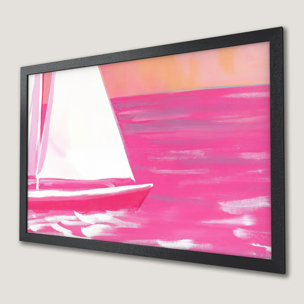 Framed Poster of a sailboat in a vibrant, abstract style with a pink and orange color palette. Perfect wall art!