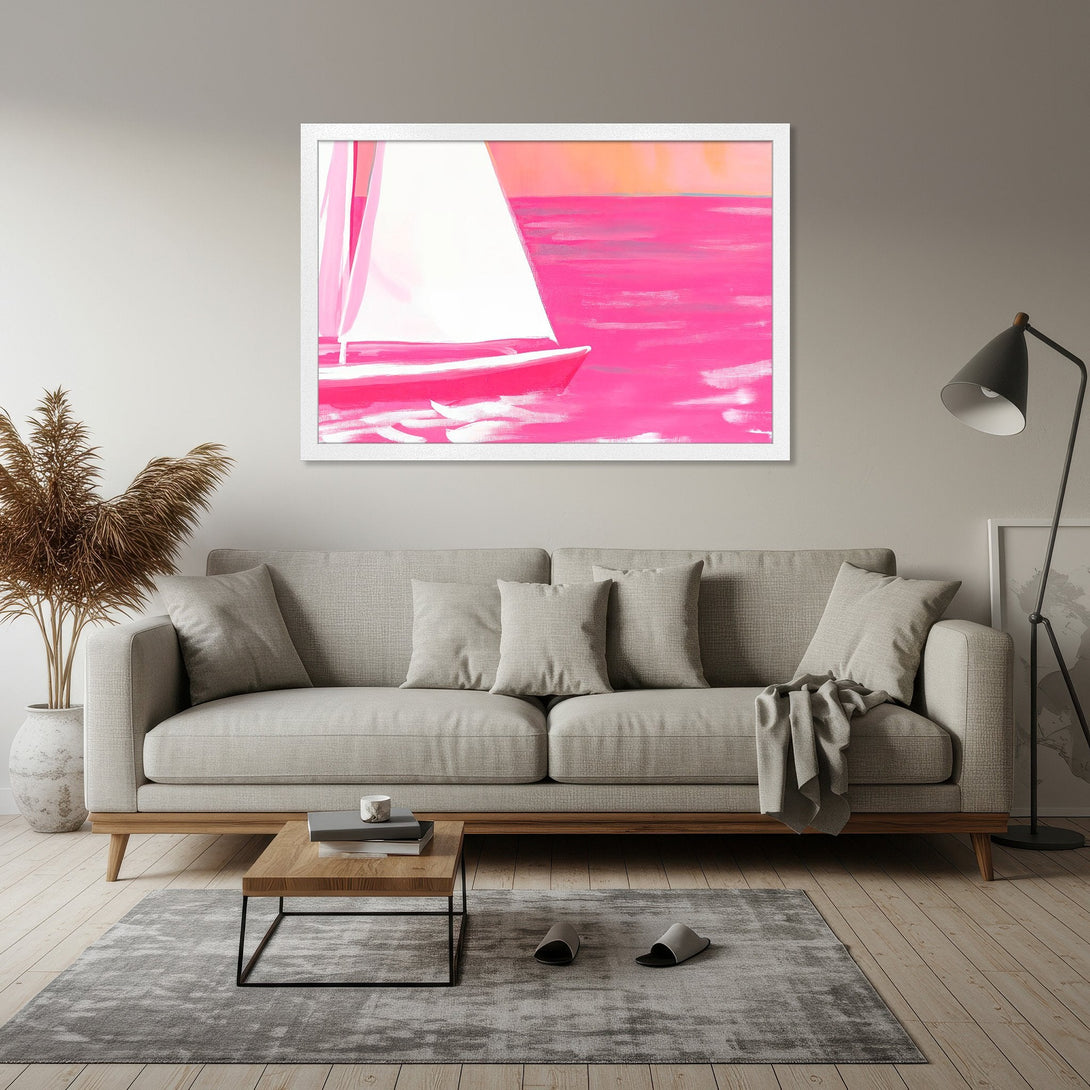 Framed Poster featuring a sailboat in a vibrant pink and white abstract style, perfect for adding a pop of color to your space.
