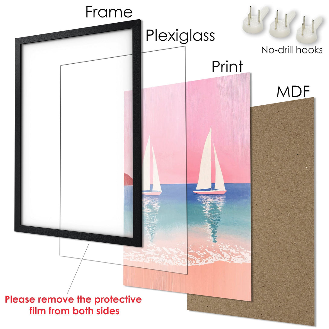 Framed Poster featuring sailboats on a pink and blue beach, perfect for coastal decor.