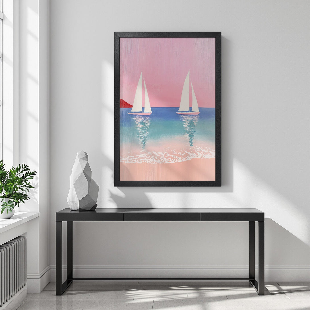 Framed Poster featuring sailboats on a pastel beach. Coastal art print in pink, blue, and white. Perfect wall decor.