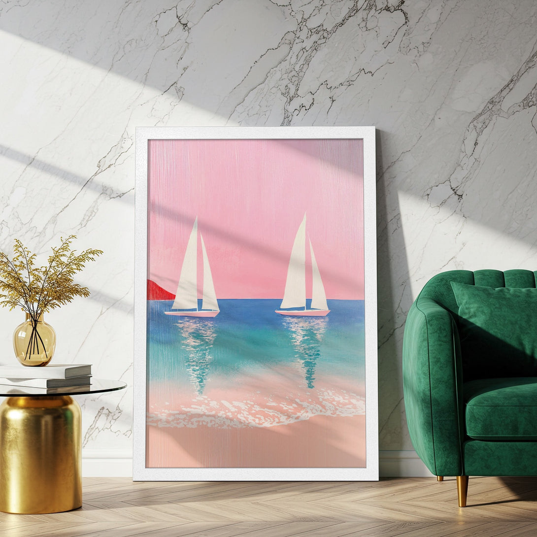 Framed Poster of sailboats on the beach, minimalist style with pink, blue, and white color palette. Perfect wall art for coastal decor.