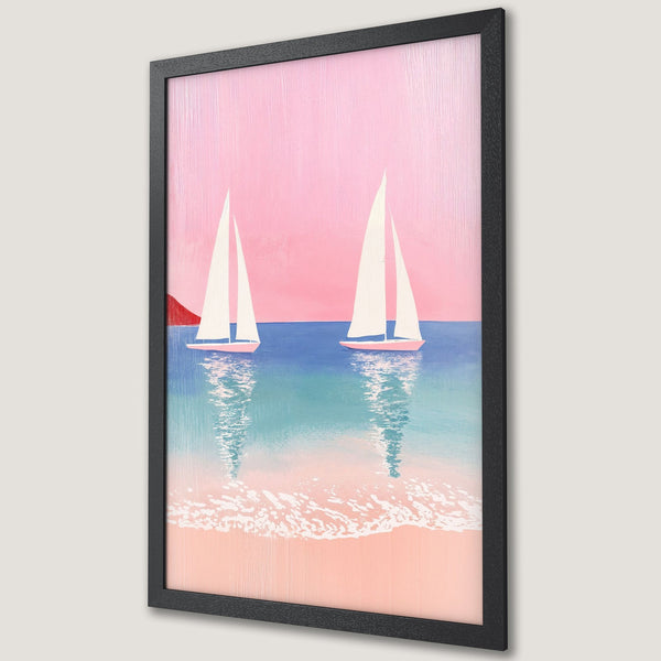 Framed Poster featuring sailboats on a beach, in a minimalist style with a pink, blue, and white color palette. Perfect wall art!