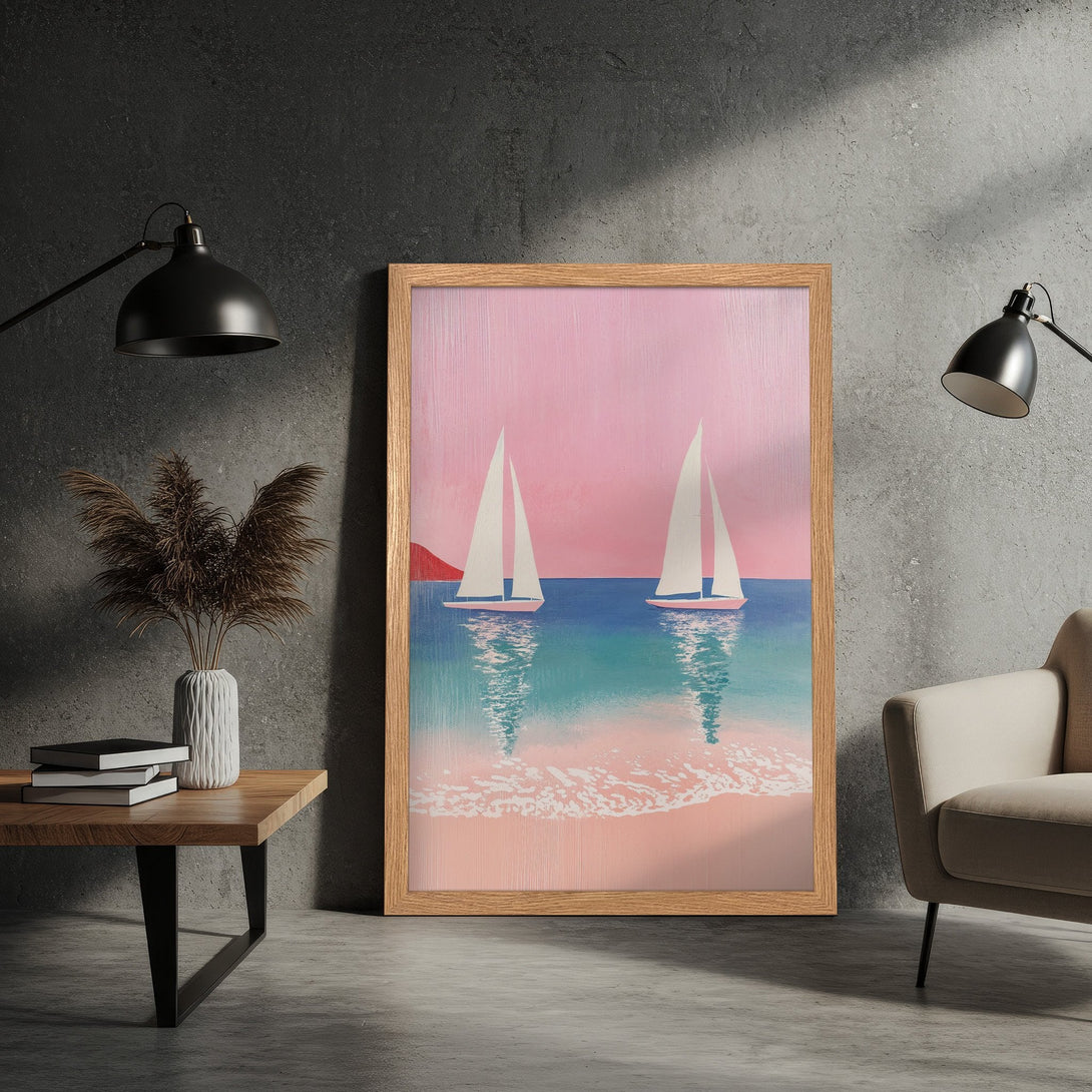 Framed Poster featuring sailboats on a beach, in a minimalist style with a pink, blue, and beige color palette. Perfect wall art!