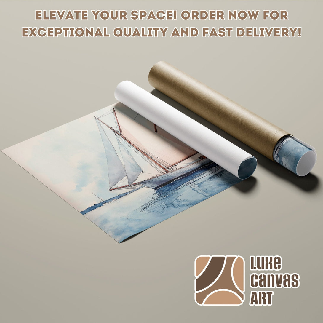 Watercolor sailboat Poster Roll, soft blue & neutral tones, perfect for home decor.