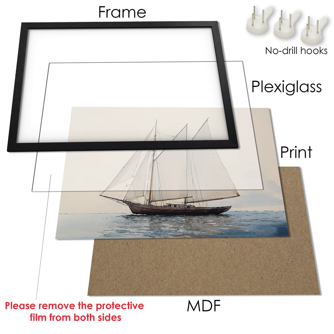 Framed Poster of a sailboat in watercolor style, featuring a muted blue and beige color palette. A perfect nautical art print.