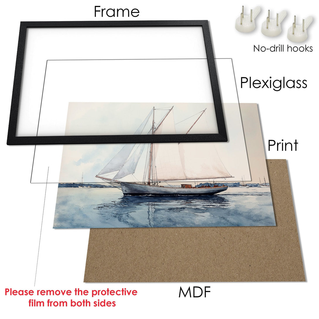 Framed Poster featuring a sailboat in watercolor style, with a calming blue and neutral color palette. Perfect nautical decor!