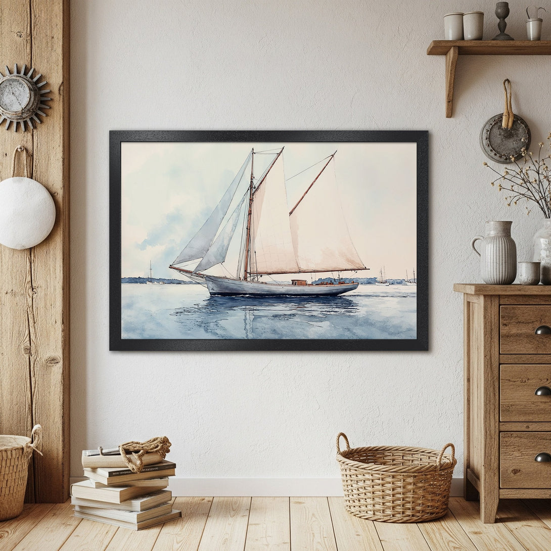 Framed Poster of a sailboat watercolor painting. Coastal decor with a soft blue and beige color palette. Perfect for home or office.