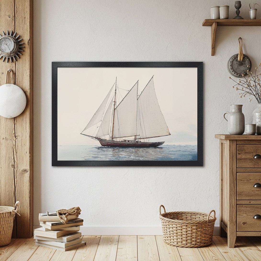 Framed Poster featuring a sailboat illustration. Coastal decor with a neutral color palette and vintage style. Perfect wall art for a nautical vibe.