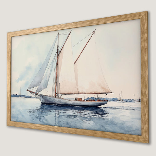 Framed Poster: Watercolor sailboat art print in blue and neutral tones, perfect nautical decor.