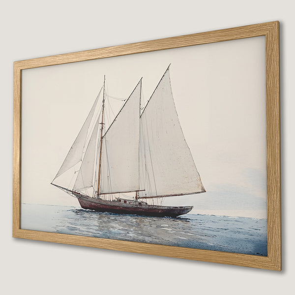 Framed Poster of a sailboat in watercolor style, featuring a calming blue and neutral color palette. Perfect nautical decor.