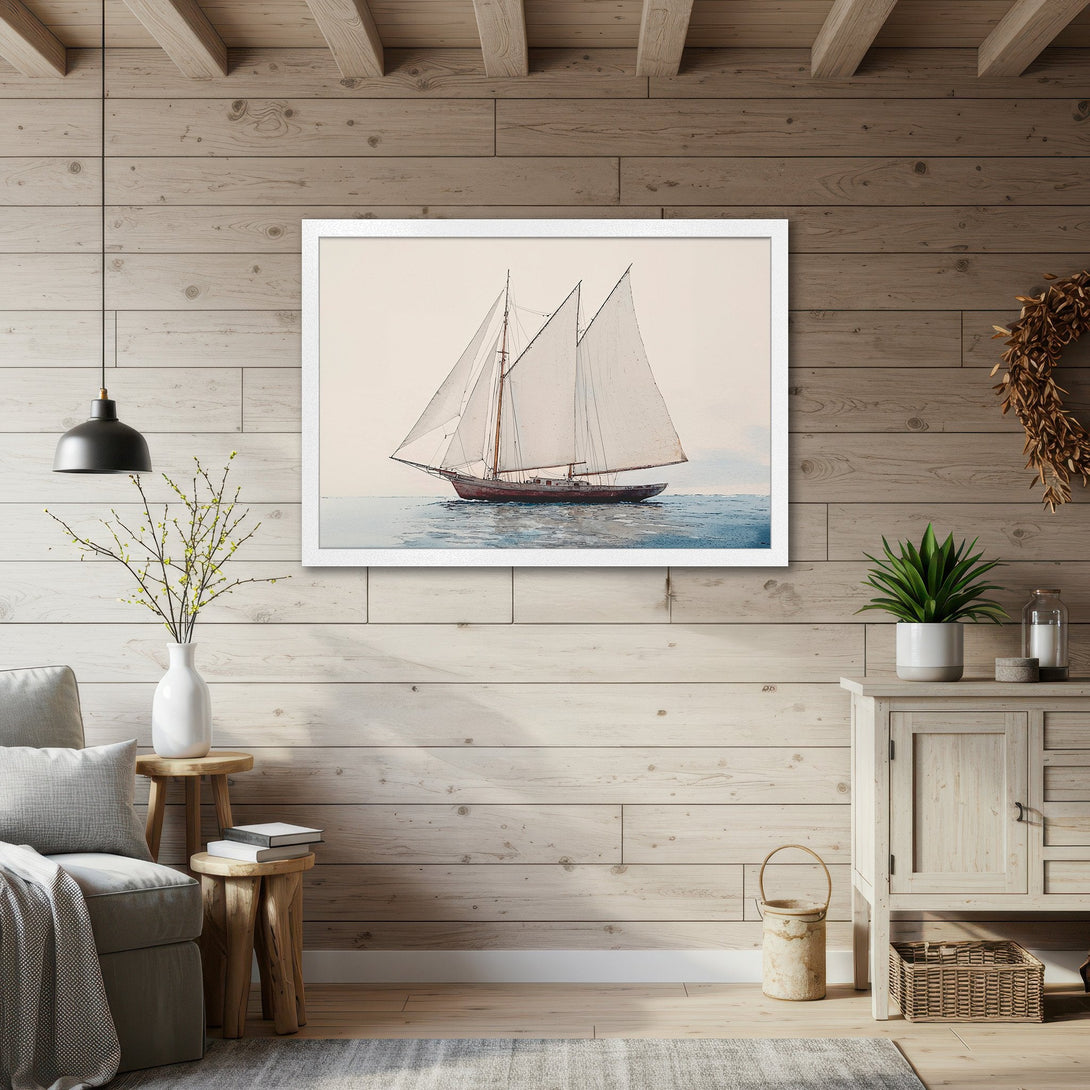 Framed Poster featuring a watercolor sailboat, serene nautical art. Neutral color palette, perfect for coastal decor. Add a touch of tranquility to your space!