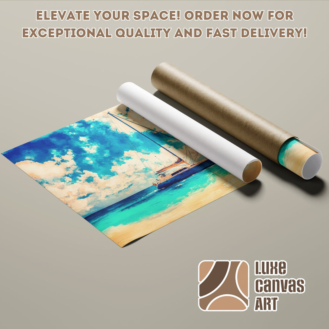 Poster Roll featuring a sailboat on the ocean, watercolor style, blue and beige color palette. Elevate your space!