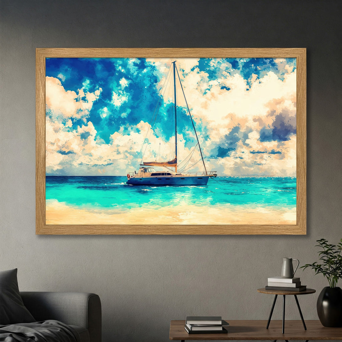 Framed Poster featuring a sailboat on the ocean, artistic style with blue, turquoise, and beige color palette. Perfect wall art for a coastal vibe.