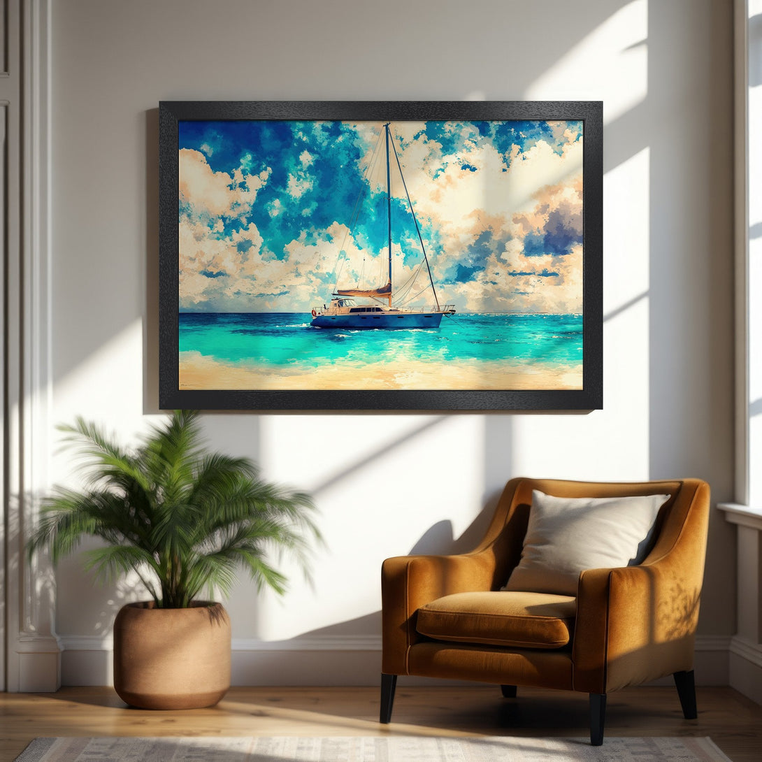 Framed Poster featuring a sailboat on the ocean, impressionistic style with blue and turquoise hues. Perfect wall art for your home.