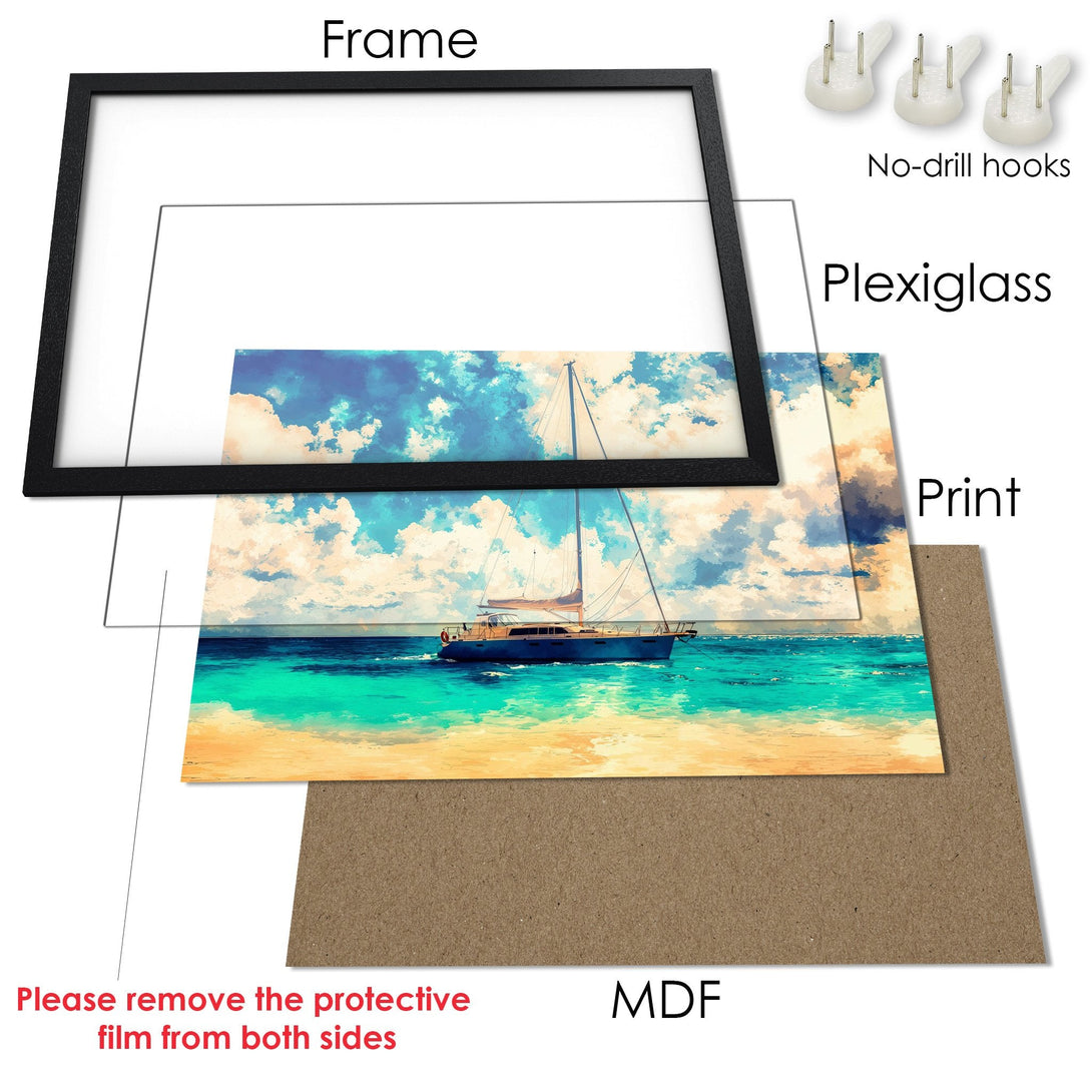 Framed Poster of a sailboat on the ocean, with a blue, turquoise, and beige color palette. Bring the beach to your home!