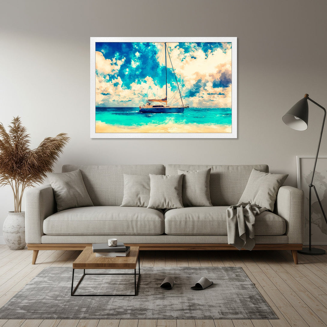 Framed Poster of sailboat on turquoise water, impressionist style, blue and beige color palette. Perfect wall art!