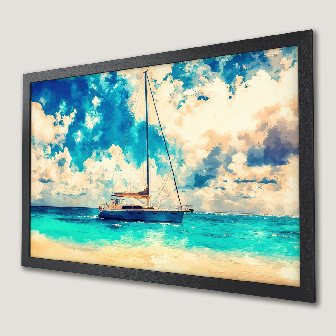 Framed Poster of a sailboat on turquoise sea, impressionist style, blue & beige color palette. Decorate your space!