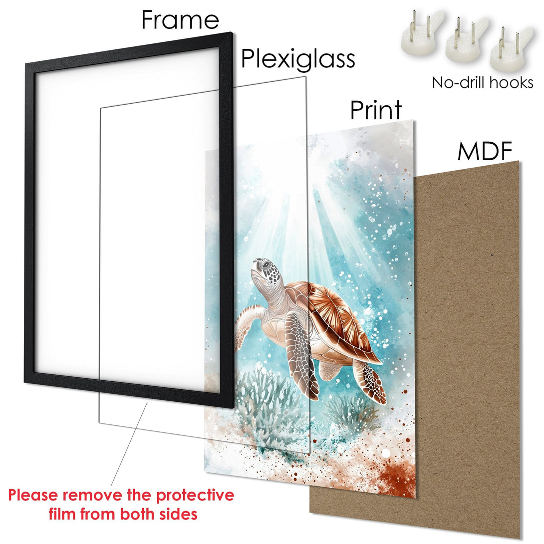 Framed Poster featuring a watercolor sea turtle in blue and brown tones. Perfect coastal wall art for your home!