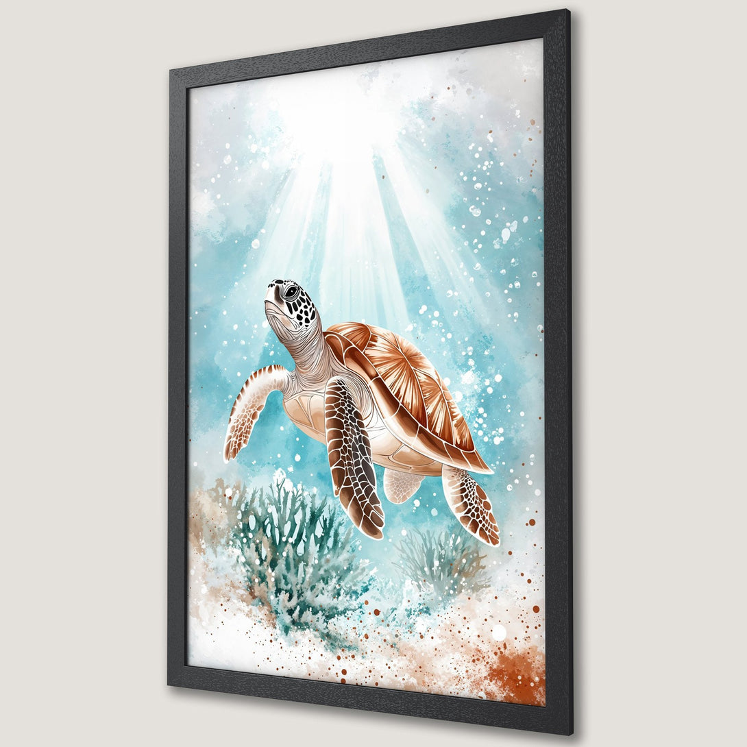 Framed Poster featuring a watercolor sea turtle. Coastal art in blue, brown, and white tones. Perfect ocean-themed wall decor.
