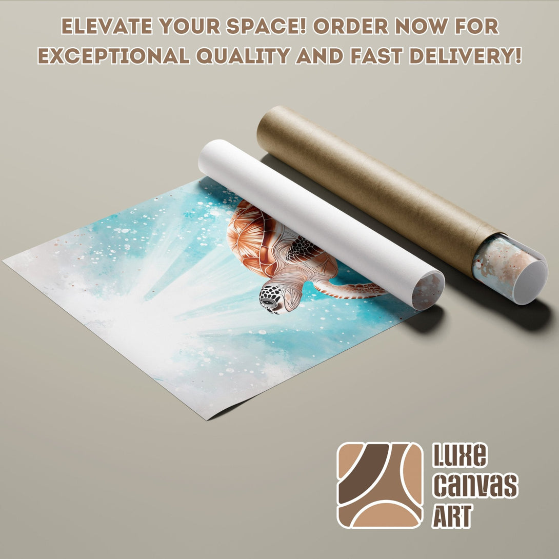 Sea turtle Poster Roll art in blue & brown tones. Elevate your space with Luxe Canvas Art!