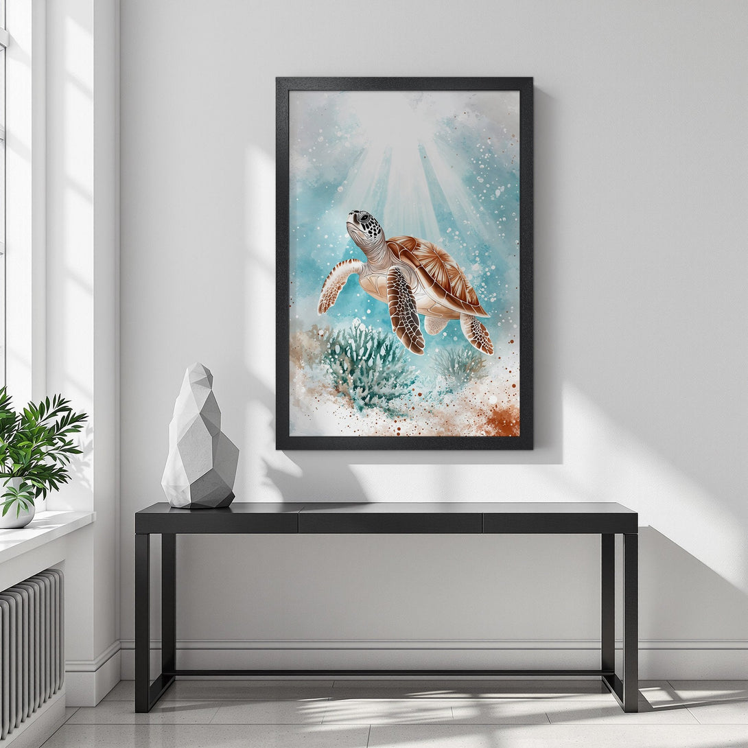 Framed Poster featuring a watercolor sea turtle in shades of brown and blue, perfect for coastal decor.