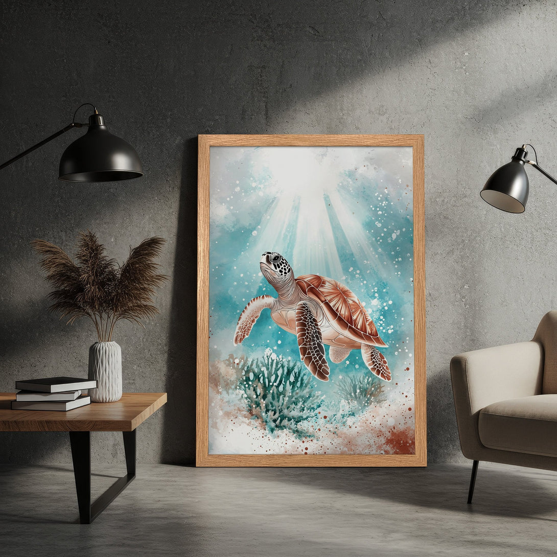 Framed Poster of a sea turtle in an abstract watercolor style, featuring blue, brown, and white tones, perfect for coastal decor.