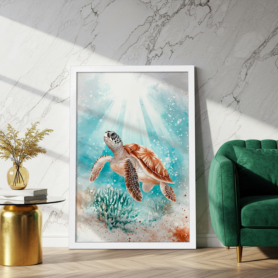 Framed Poster featuring a watercolor sea turtle in shades of blue, brown, and teal. Perfect ocean-themed wall art for your home!