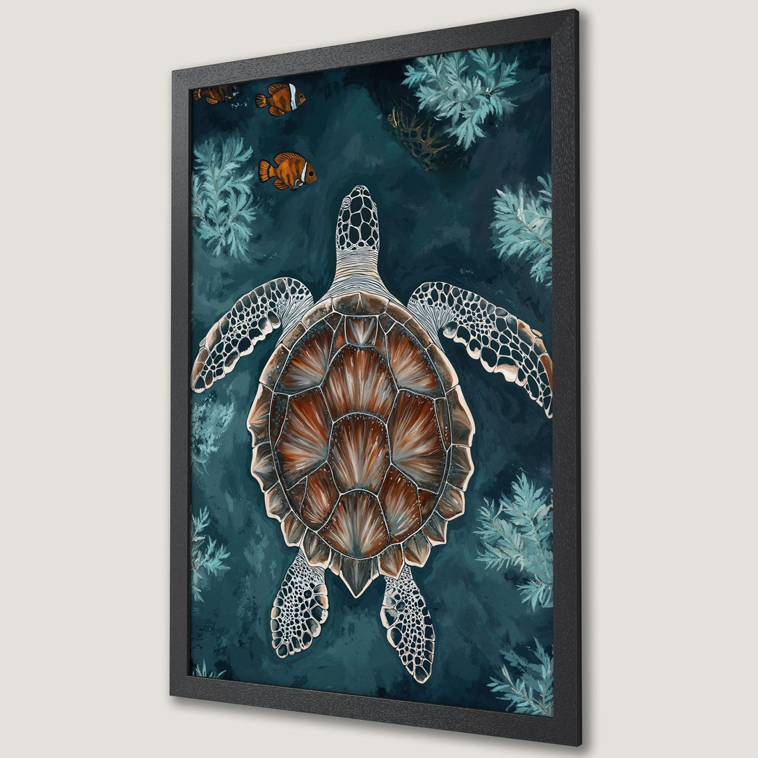 Framed Poster featuring a sea turtle in a dark teal and brown color palette. Artistic style, perfect for ocean lovers.