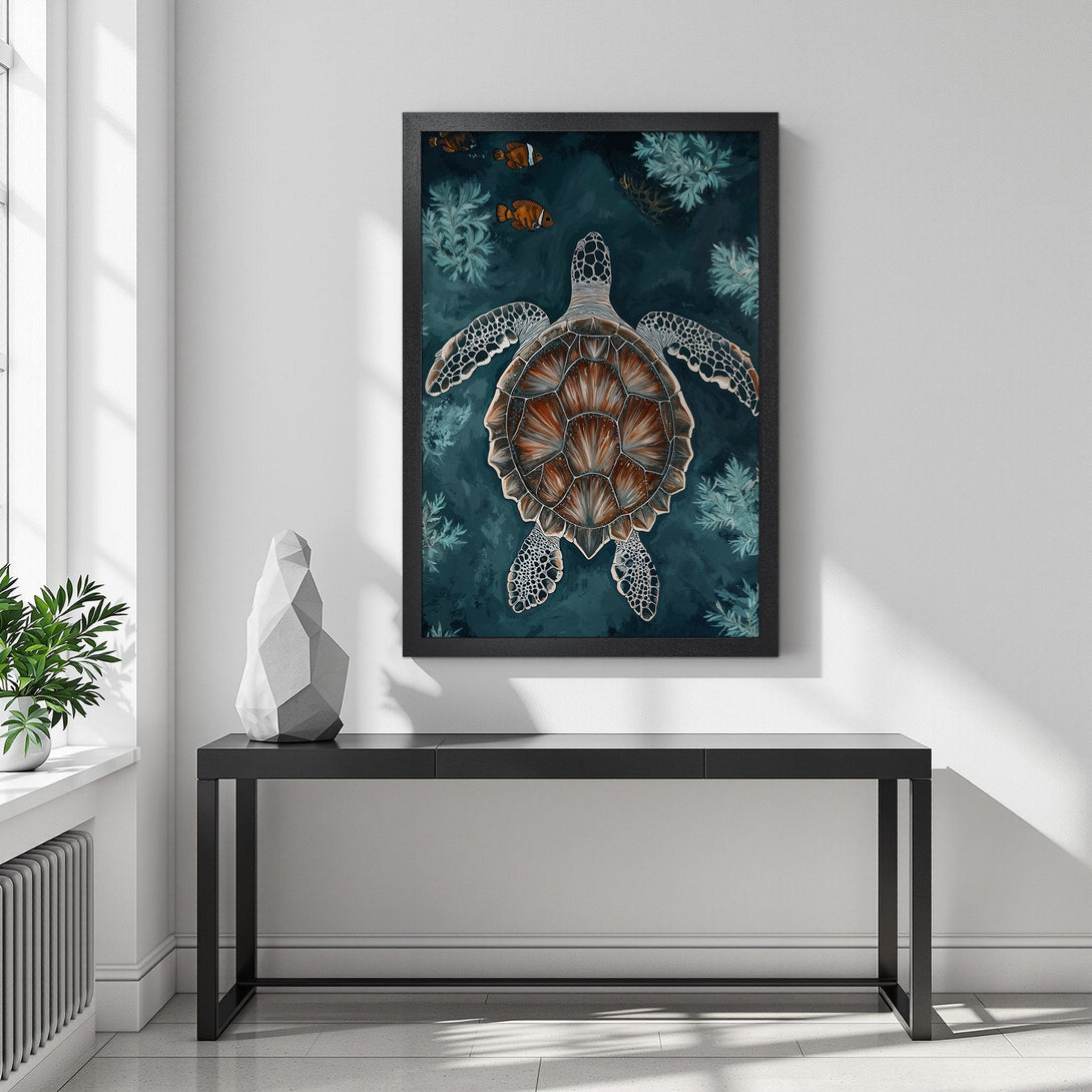 Framed Poster featuring a sea turtle in a teal and brown palette. Perfect wall art for a coastal vibe!