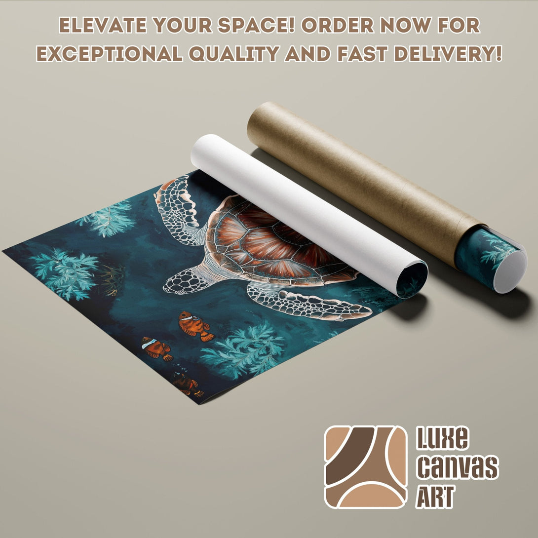 Sea turtle Poster Roll art print in teal, brown, and orange. Elevate your space!