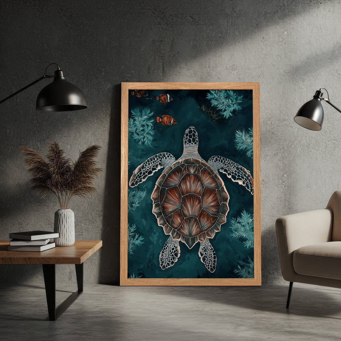 Framed Poster featuring a sea turtle in a dark teal and brown color palette. Artistic style, perfect for home decor.