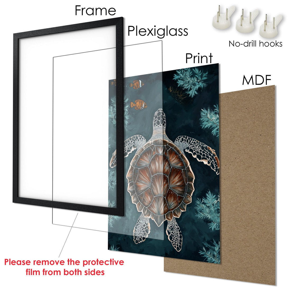 Framed Poster featuring a sea turtle art print in a deep blue and brown color palette. Perfect ocean decor!