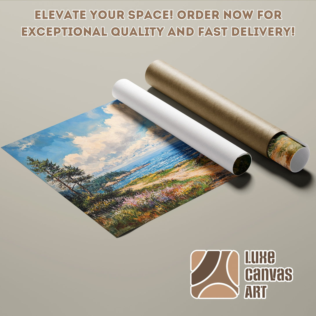 Poster Roll featuring a landscape painting with blue, green, and brown hues. Elevate your space with art!