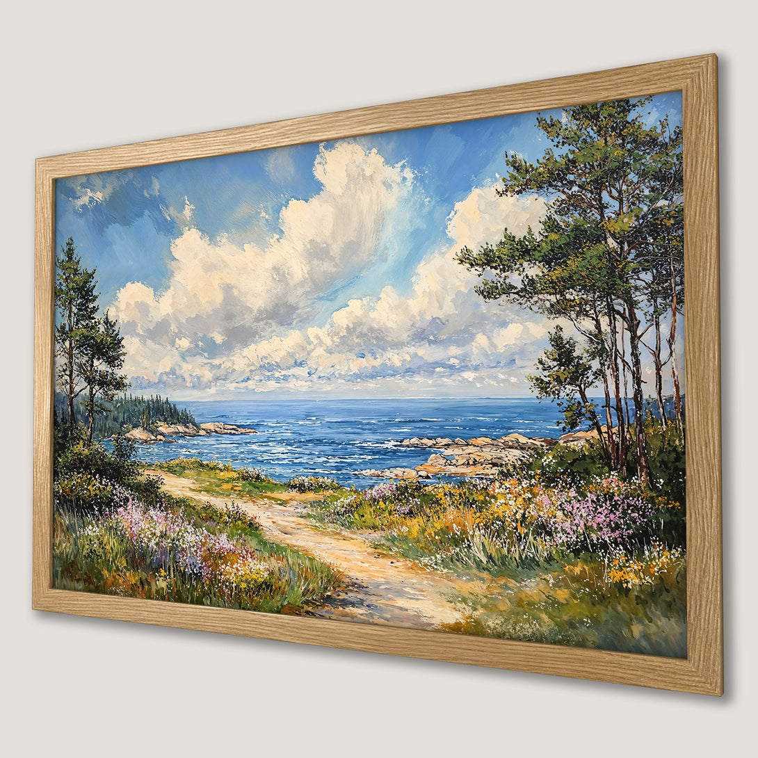 Framed Poster of a coastal landscape painting. Impressionistic style with blue, green, and yellow color palette. Perfect wall art!