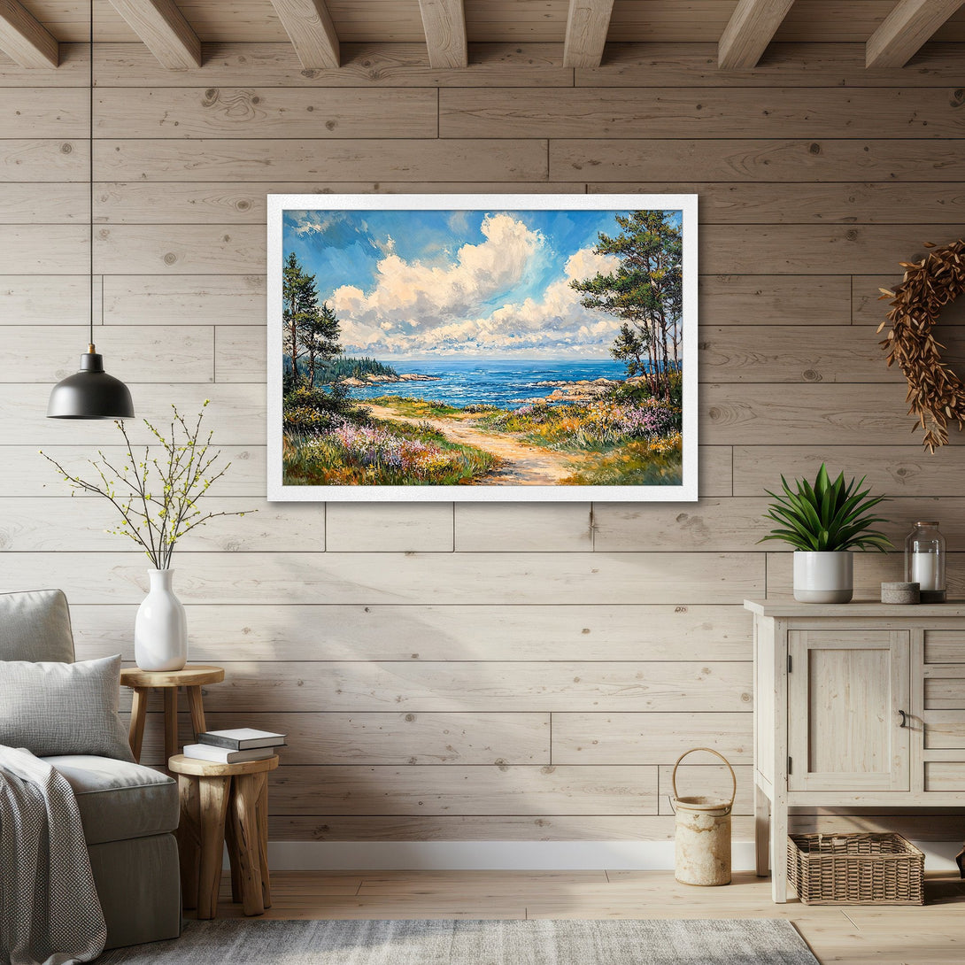 Framed Poster of a coastal landscape. Impressionistic style with blue, green, and white color palette. Perfect wall art for a serene home.
