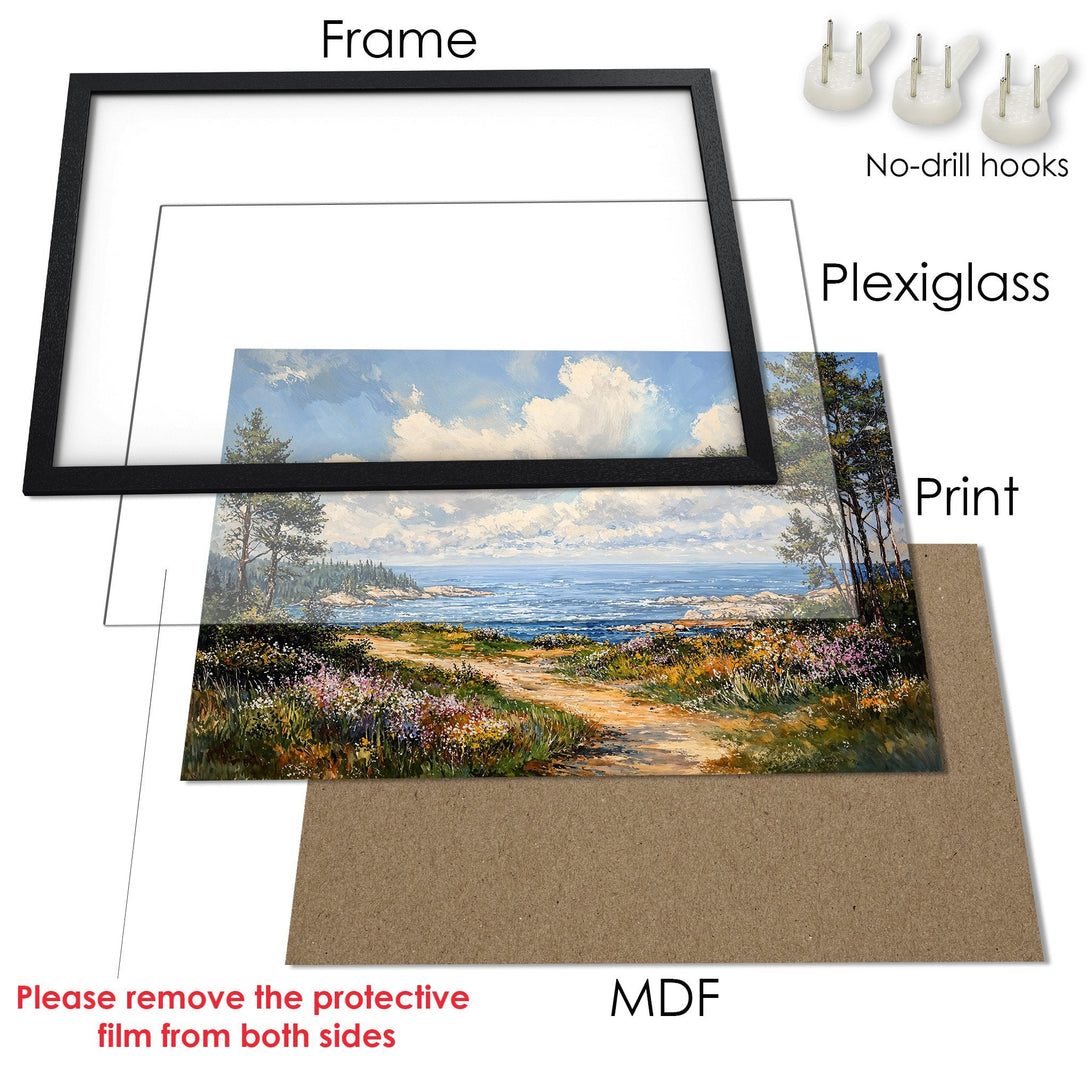 Framed Poster of a scenic landscape painting in blue, green, and brown tones. Add art to your home!