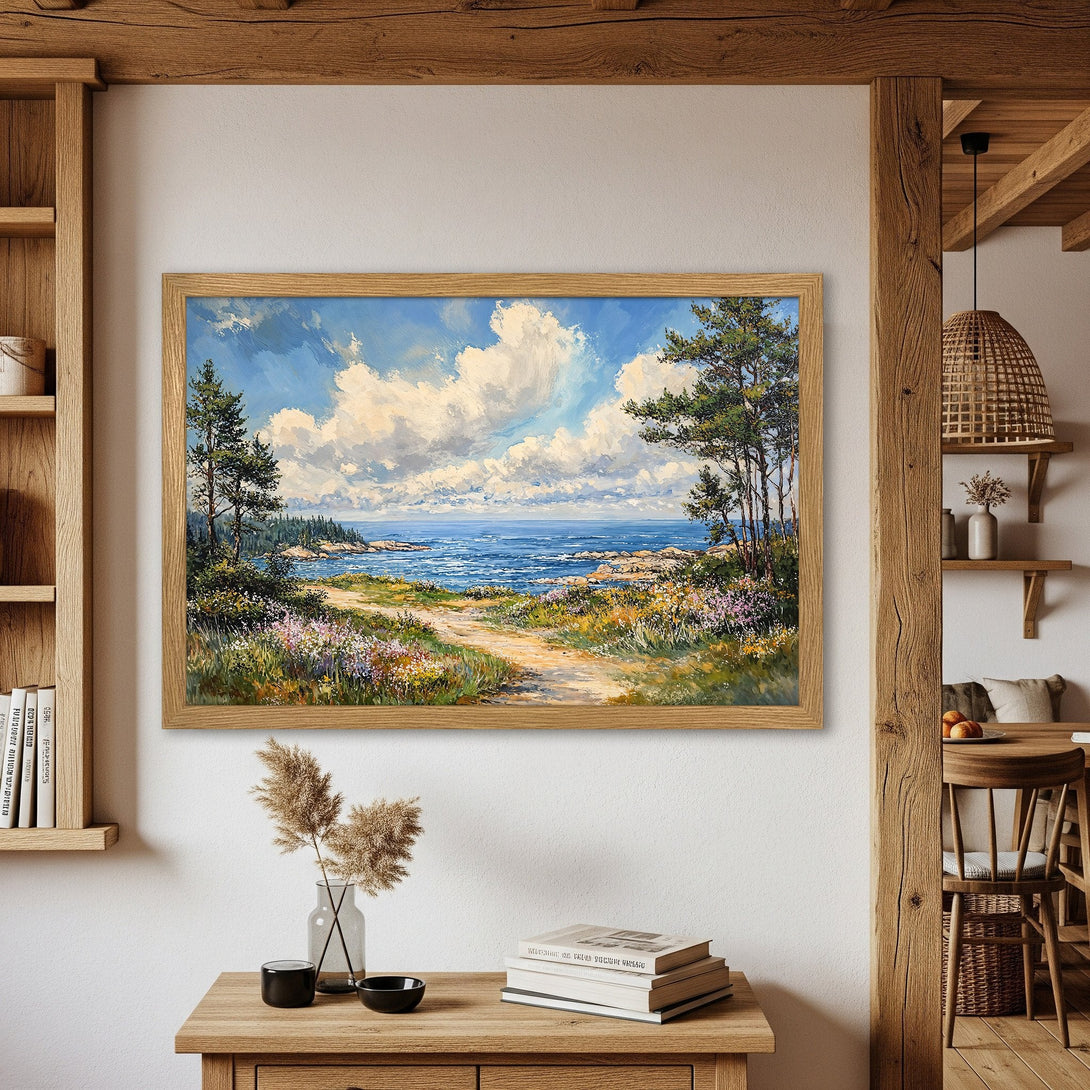 Framed Poster of a coastal landscape painting. Impressionistic style with blue, green, and yellow hues. Perfect wall art for your home.