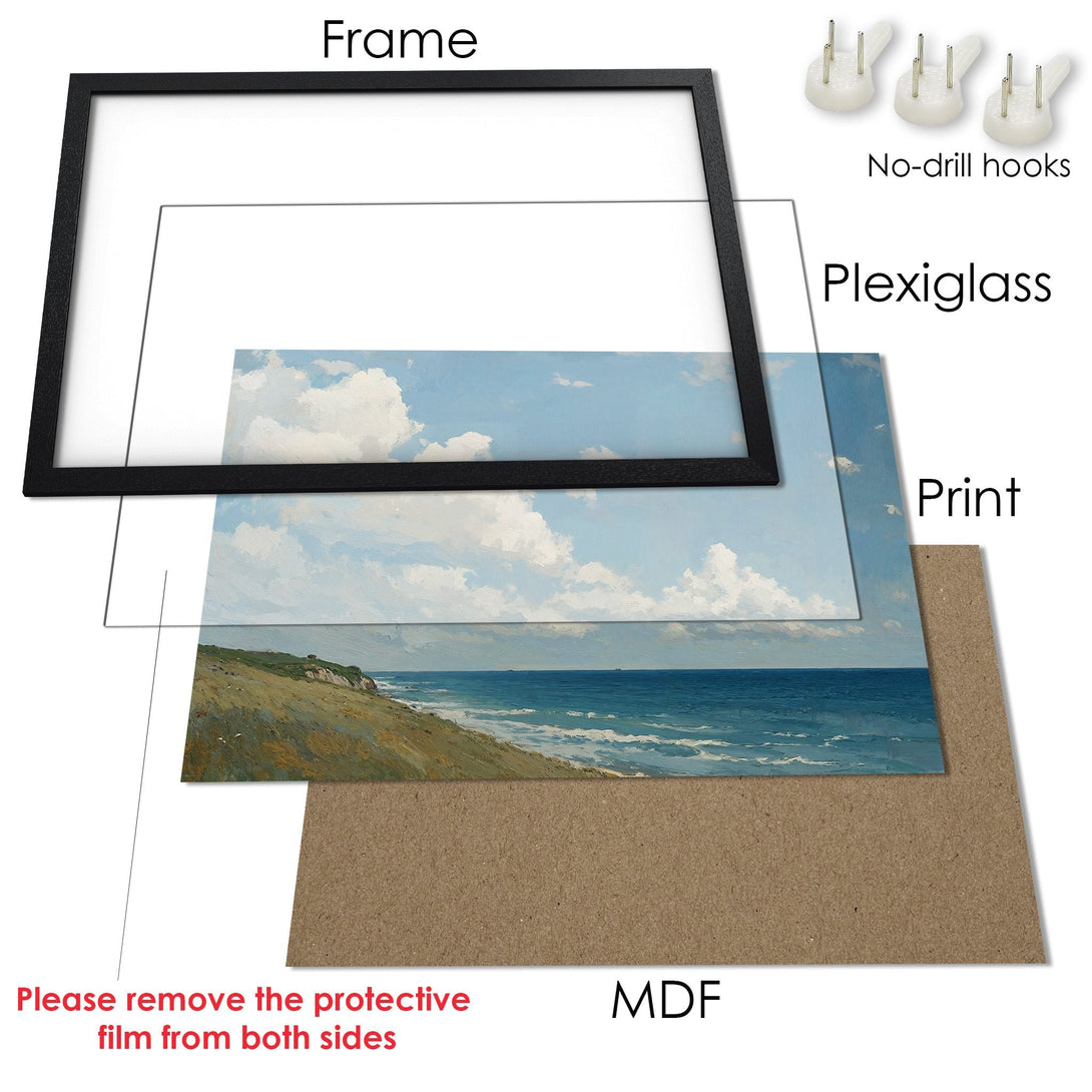 Framed Poster of a seascape in a classic style, featuring blue sky and ocean. Ready to hang!