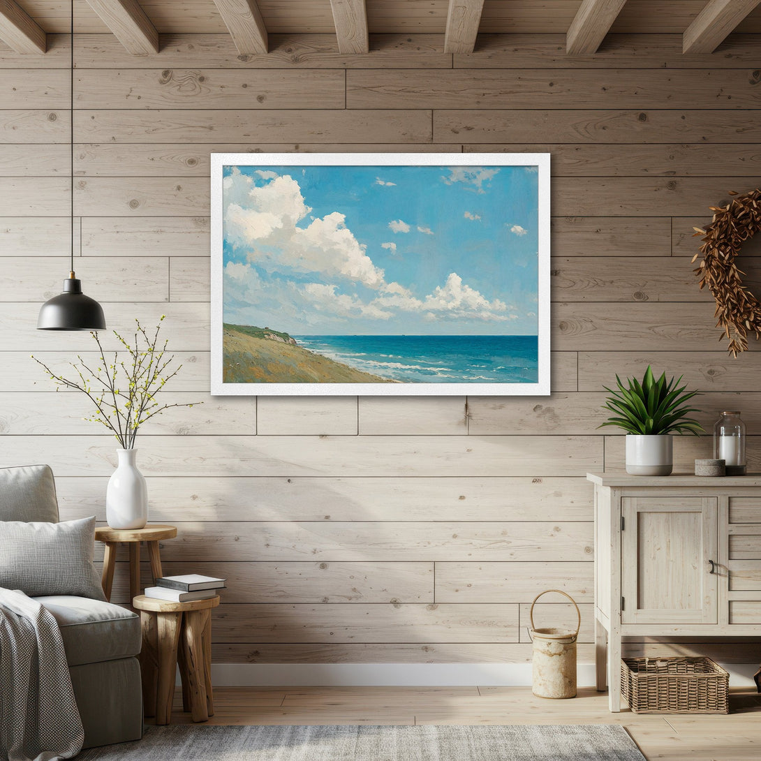 Framed Poster of a seascape painting. Coastal art in blue, white, and green tones. Perfect for adding a touch of serenity to your home.