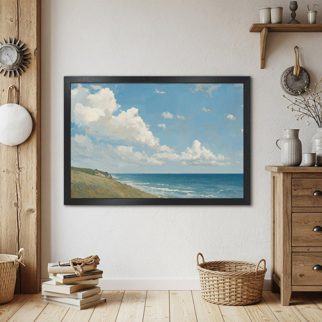 Framed Poster: Coastal landscape art print in a classic style, featuring blue, white, and earth tones. Perfect wall decor!