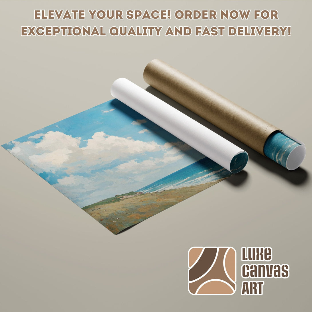 Poster Roll of a serene beach scene, painted in impressionistic style with blue and earth-tone colors.