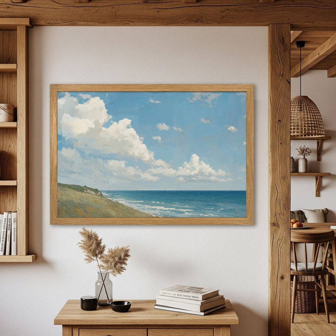 Framed Poster of a serene seascape painting. Blue, white, and green color palette. Perfect for adding a touch of coastal charm.