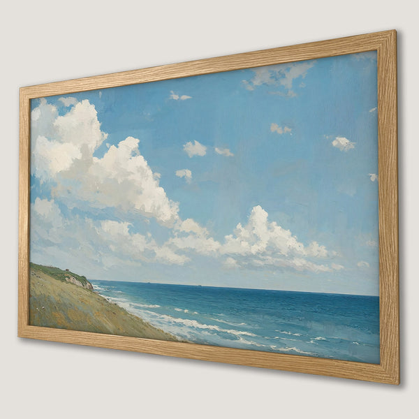 Framed Poster of a serene beach landscape, painted in a classic style with a blue and white color palette.