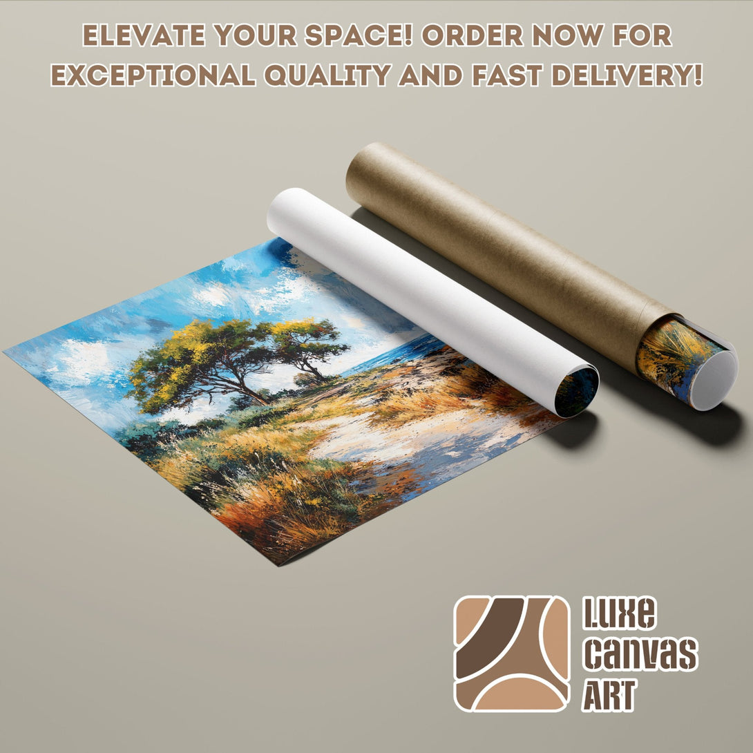 Poster Roll of landscape art, blue sky, yellow tree, warm earth tones. Elevate your space!