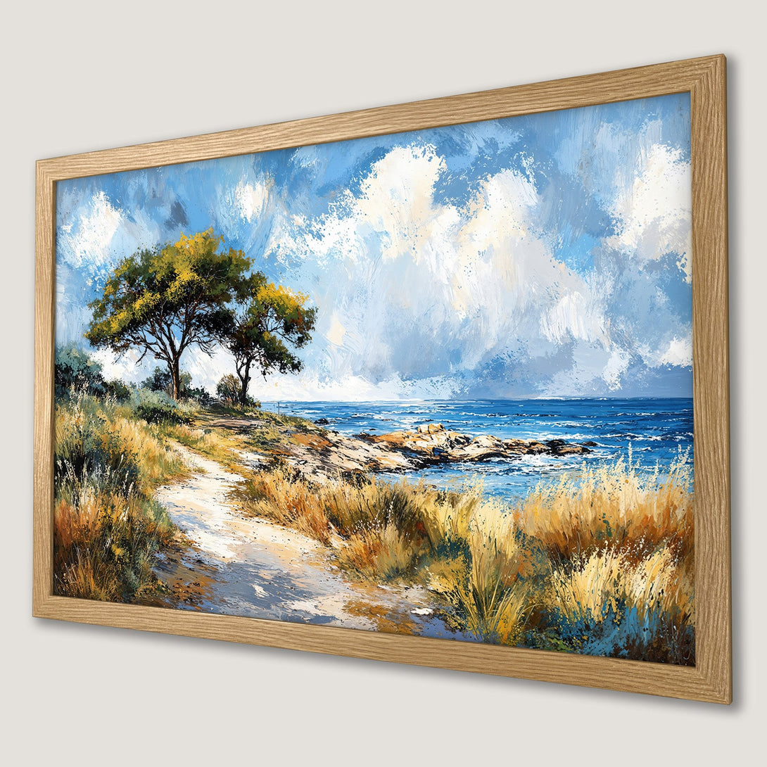 Framed Poster of a coastal landscape painting in a vibrant blue and yellow palette. Add art to your space!